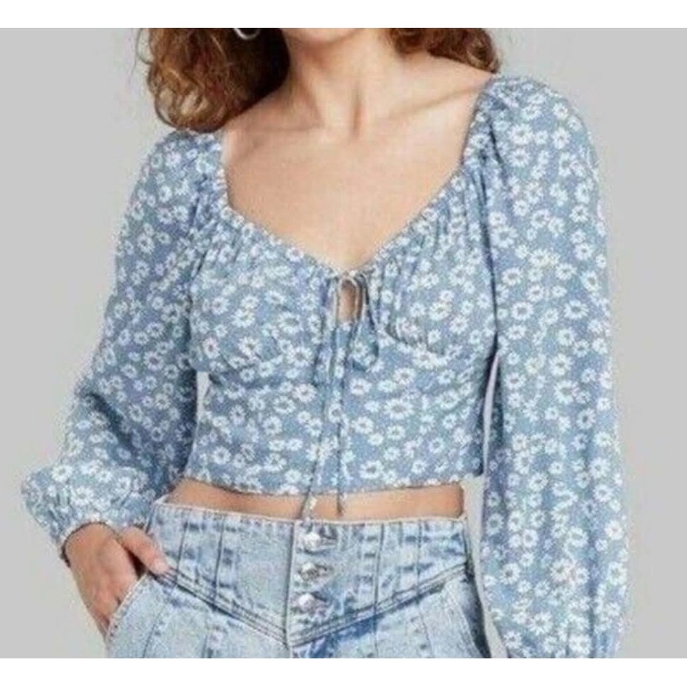Wild Fable Womens XS Light Blue Daisy Floral Long Sleeve Tie Front Crop Top